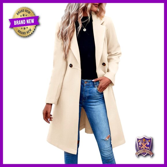 Pea Trench Coat Notched Lapel Double Breasted Belted Business Casual Outerwear